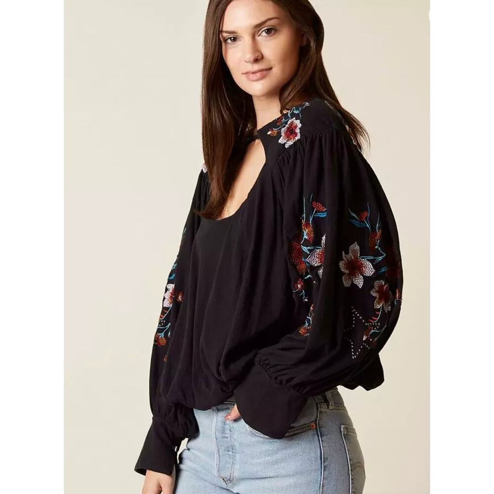 NWT Free People Black Embroidery Lita Long Sleeve Top LARGE